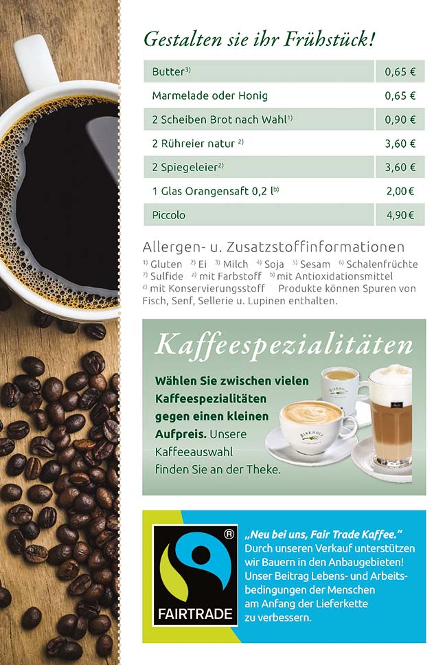 Frühstückskarte Getränke Preise